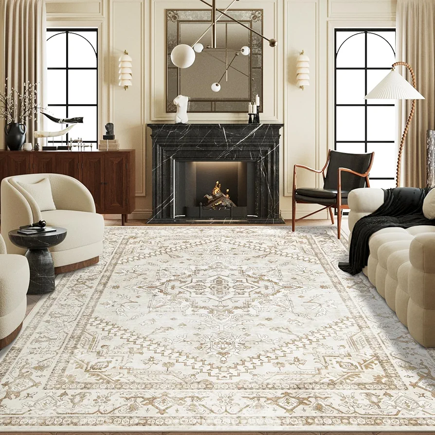 Area Rugs 9x12 Living Room: Large Soft Washable Area Rug Anti-Skid Indoor Floor Thin Carpet Vintage Stain Resistant Carpets for Bedroom Dining Room Farmhouse Nursery Office Beige