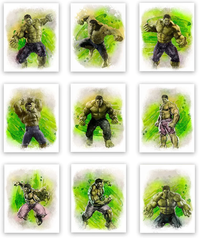 Hulk Superhero Watercolor Art Prints (Unframed) | Great Gift Set of 9 (8x10) | Perfect for Boys Room Decor