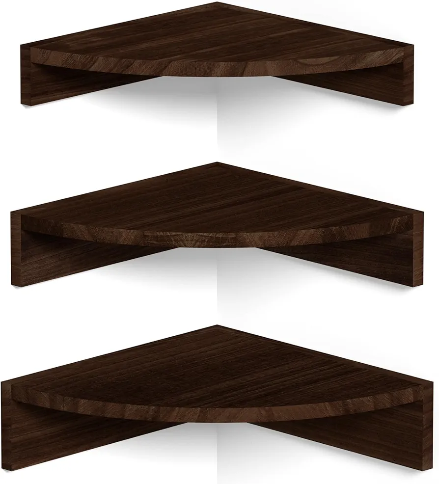 Alsonerbay Corner Shelf Wall Mount, Set of 3 Floating Shelves for Storage and Display, Rustic Wood Shelves for Bedroom, Kitchen, Living Room, Nursery and Office (Dark Brown)