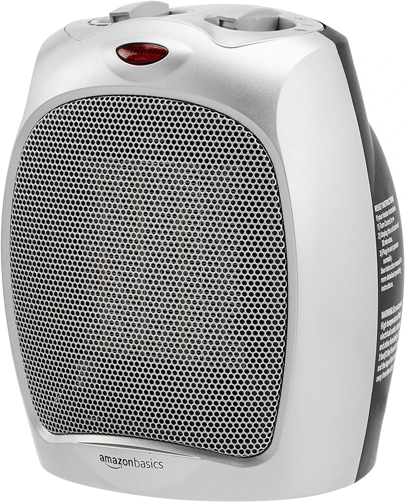 Amazon Basics 1500W Ceramic Indoor Personal Space Heater with Adjustable Thermostat, Silver, 7.52"D x 6.34"W x 9.45"H