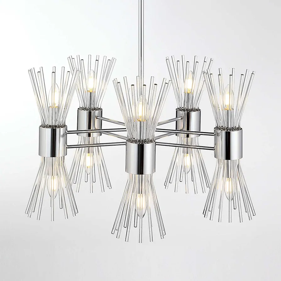 Modern Glass Chandelier 26.8" Silver Chrome Crystal Chandeliers for Dining Room, 10 Lights Contemporary Chandelier for Dining Room Living Room Foyer Kitchen Island