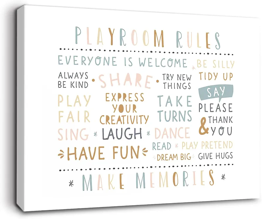 Ryeolo Room Rules Wall Art Prints - Play Room Essentials Canvas Prints Wall Art, Boho Rainbow Play Sign for Playroom Wall, Playroom Wall Decor, Room Rules Sign for Teen Girls 12x16 Inches