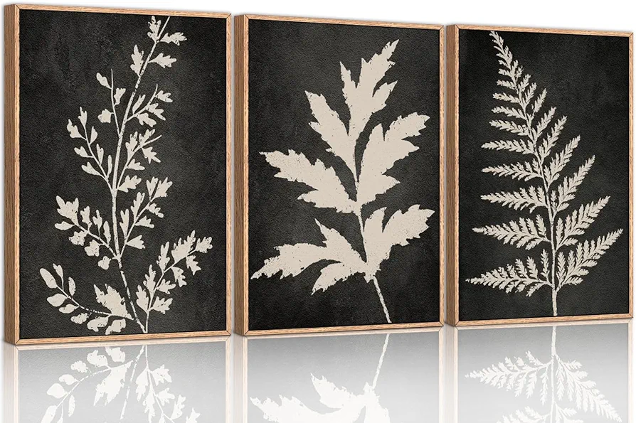 Ausril Black Tan Fern Leaf Framed Canvas Wall Art Set, Minimalist Botanical Wall Decor, Nature Fern Plant Silhouette Wall Painting, Modern Rustic Art Print for Living Room, Bedroom, Office -36"x24"x3