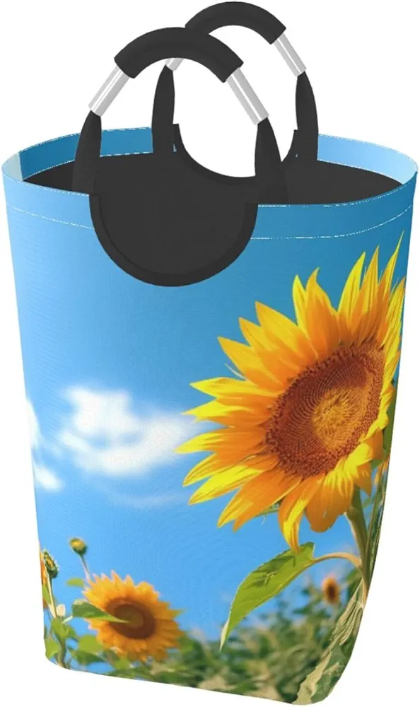 Laundry Basket Collapsible Clothes Hamper for Dirty Clothes, Laundry Bag with Handles Blanket Toys Storage Blanket, Dorm Room Essentials Accessories - Sunflowers on Blue