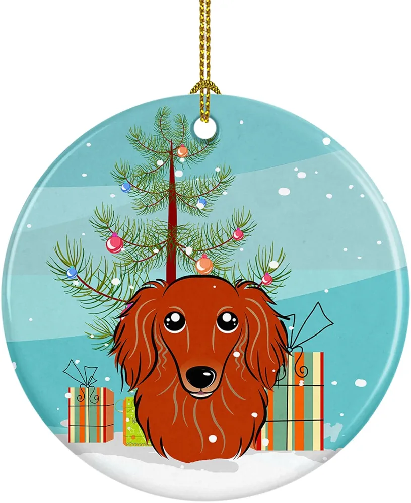 Caroline's Treasures Christmas Tree and Longhair Red Dachshund Ceramic Ornament Christmas Tree Hanging Decorations for Home Christmas Holiday, Party, Gift, 3 in, Multicolor