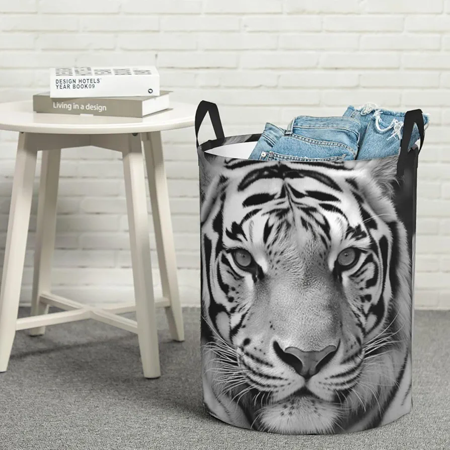 Laundry Basket Waterproof Laundry Hamper With Handles Dirty Clothes Organizer Black White Tiger Print Protable Foldable Storage Bin Bag For Living Room Bedroom Playroom, Small