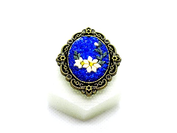 Handmade Natural Stone Mosaic Ring Relaxing Carnations Patterned Antique Colored Jewelery With An Elegant Frame