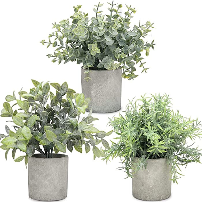 MOORLI 3 Pack Mini Potted Fake Plants Eucalyptus Rosemary Boxwood Artificial Plastic Plants for Bathroom Shelf Home Office Desk Table Decor Indoor