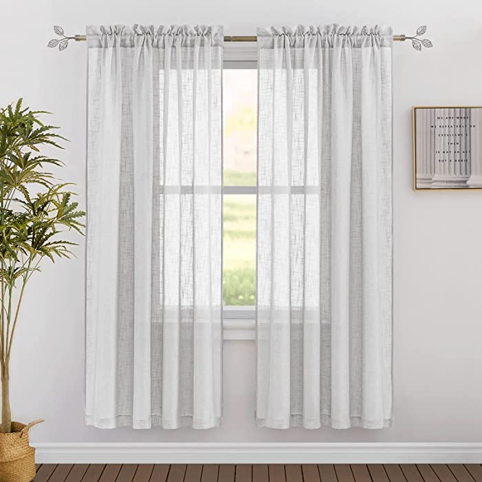 RYB HOME Linen Texture Wave Sheer Drapery for Cottage Garden, Privacy Window Sheers for Living Room, Dreamy Simi Transparent Sheer for Bathroom, Dove Grey, 52 in x 72 in per Panel, 2 Pcs