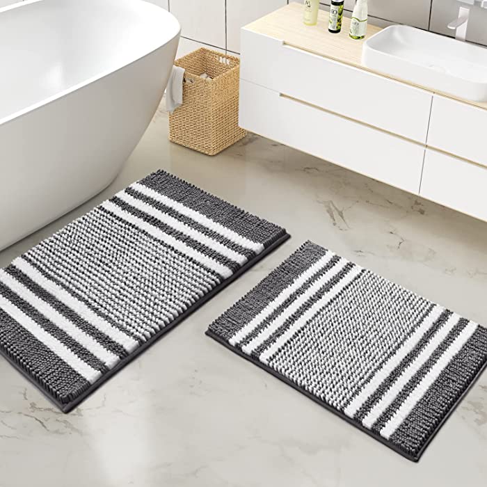 Bathroom Rugs Set 2 Piece, Extra Soft and Absorbent Fluffy Striped Chenille Bath Mat Rug Set, Non Slip Bathroom Floor Mat, Machine Washable (20" x 32" Plus 16" x 24", Dark Gray)