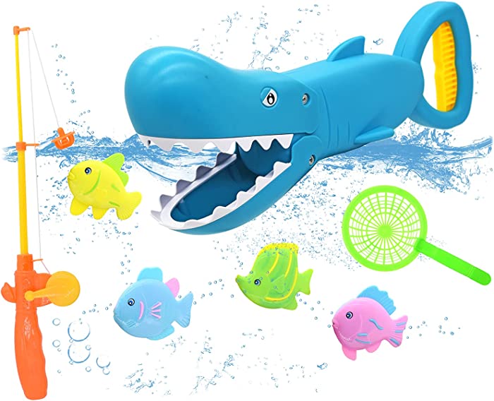 HWD Bath Toys , Shark Grabber Bathub Baby Toy Magnetic Fishing Games Playing Set , Floating Fish Toys in Bathtub Bathroom Pool for Babies Toddlers and Kids Age 3+ (Blue)