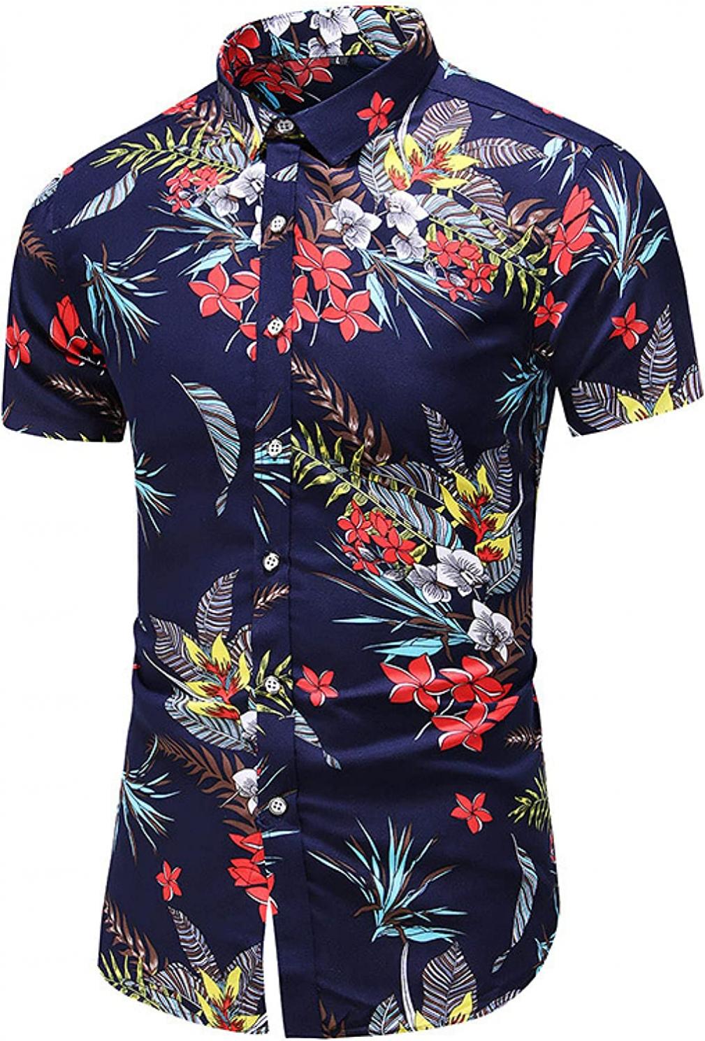 Men's Trendy Printed Short Sleeve Shirts Fashion Contrast Color Streetwear