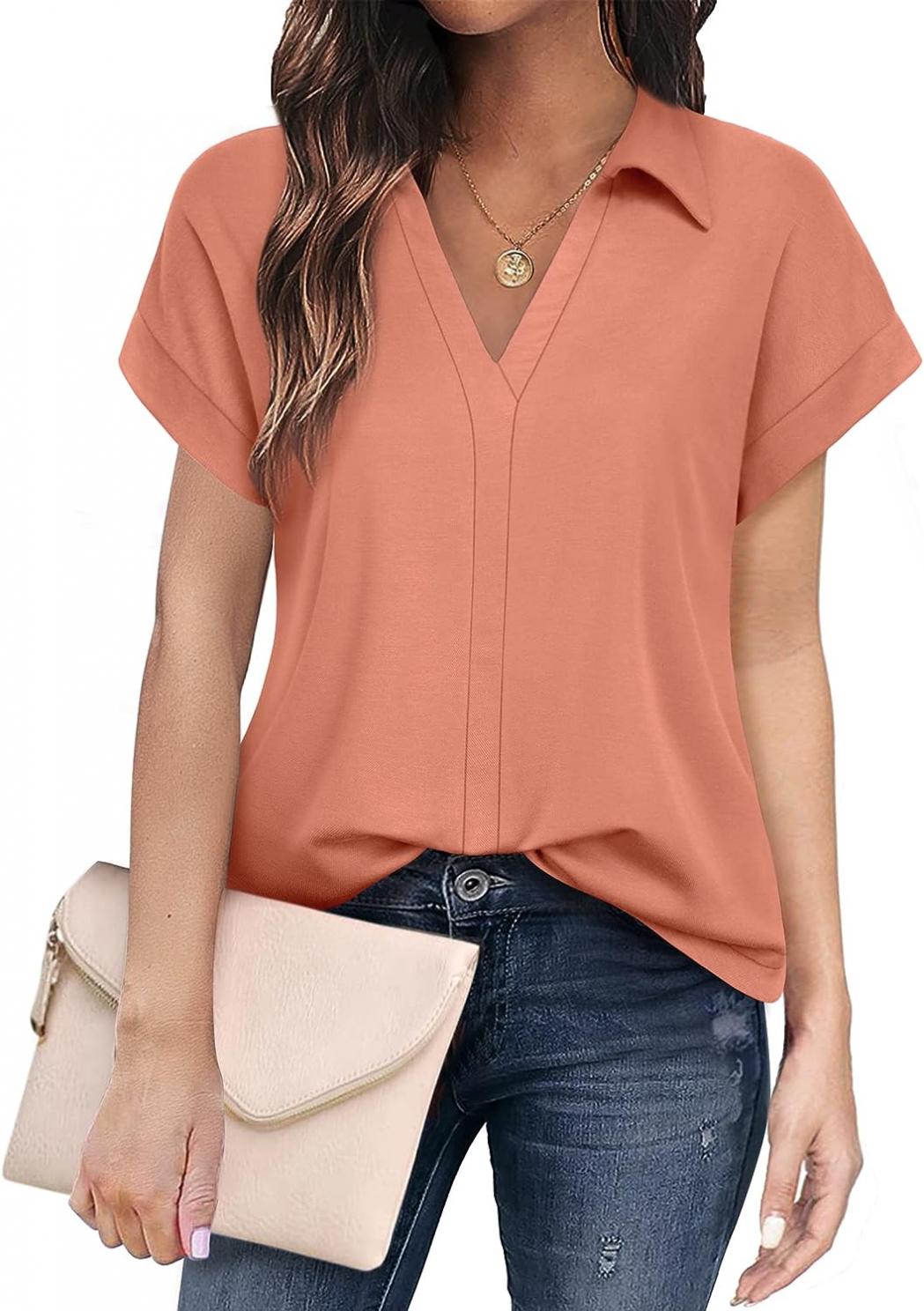 Vivilli Women's Short Sleeve Tops and Blouses Business Casual Collared Tunic Shirt