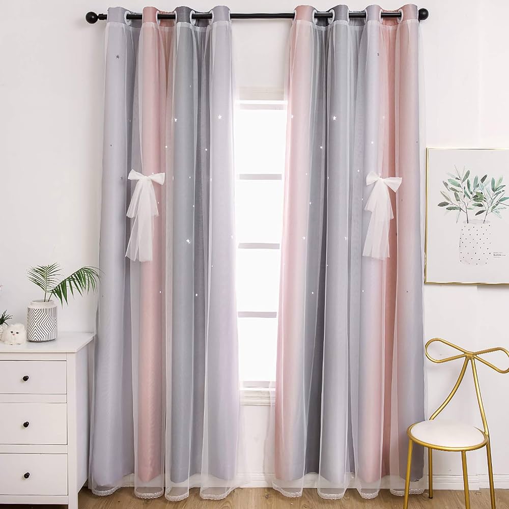 UNISTAR 2 Panels Blackout Stars Curtains for Kids Girls Bedroom Aesthetic Living Room Decor Colorful Double Layer Star Cut Out Stripe Pink Rainbow Window Wall Home Decoration Curtain,W52 x L63 Inches