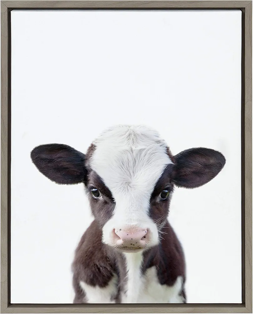 Sylvie Baby Cow Portrait Framed Canvas Wall Art By Amy Peterson, 18x24 Gray, Cute Baby Animal Home Decor For Living Room, Bedroom, Or Nursery