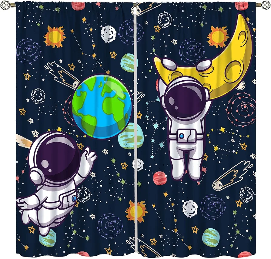 Astronaut Blackout Curtains for Boys Bedroom,Space Cartoon Funny Spaceman with Earth Moon Rod Pocket Insulated Darkening Window Curtain for Bedroom Living Room Nursery 2 Panel 21x63in,2 Panel Set