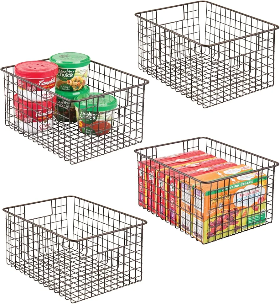 mDesign Metal Wire Food Storage Basket Organizer with Handles for Organizing Kitchen Cabinets, Pantry Shelf, Bathroom, Laundry Room, Closets, Garage - Concerto Collection - 4 Pack - Bronze