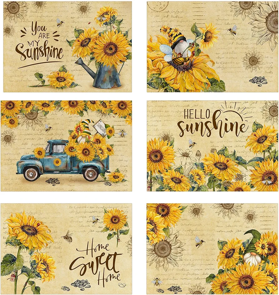 pinata Sunflower Kitchen Decor, Sunflower Placemats, Farmhouse Yellow Place Mats Set of 6 for Kitchen Dining Room Table Decoration, Decorative Summer Fall with Rectangle Pad Placemat