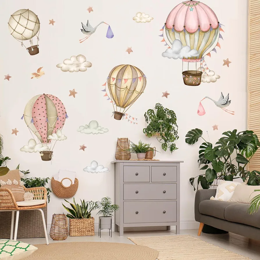 Watercolor Hot Air Balloon Wall Decals, Stars Clouds Balloon Vinyl Wall Stickers, Animals Hot Air Balloon Wall Decal Peel and Stick Colorful Artwork for Nursery Girls Bedroom Toddler Room Wall Decor