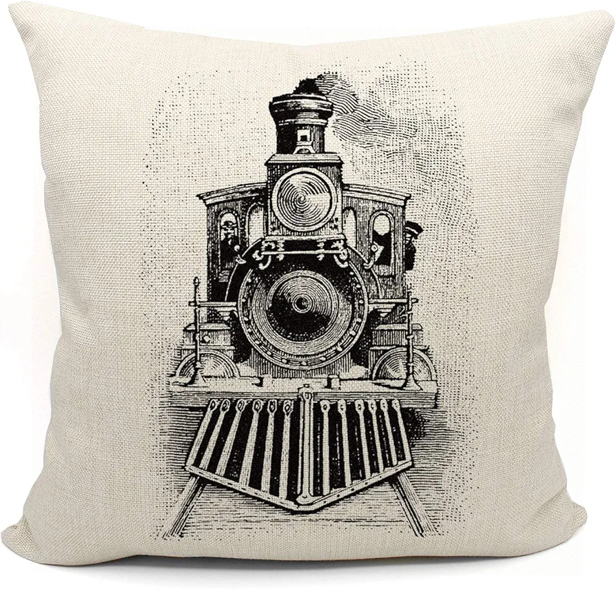 train pillow, train decor Pillow Covers 18x18, train pillow cushion, Train Themed Room Decor, gifts for train lovers,train gifts for men, train decor Linen Cushion Cover for Sofa Couch Bed (white)