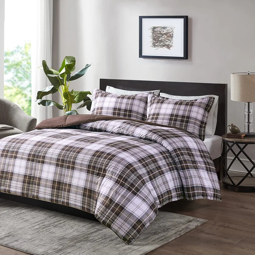 Madison Park Essentials Parkston Plaid Comforter, Matching Sham, 3M Scotchguard Stain Release Cover, Hypoallergenic All Season Bedding-Set, Full/Queen, Brown, 3 Piece