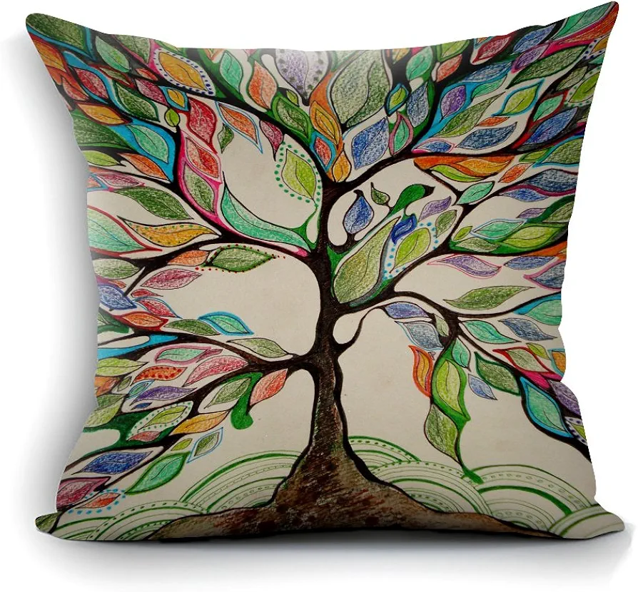 Tree of Life Decorative Throw Pillow Case Square Cushion Cover for Sofa Couch Chair Bed Home Living Room Decoration Brown Green Yellow 18x18