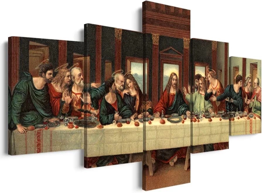 YOUHONG 5 Piece Leonardo Da Vinci Dining Room Decor Christian Decor Religious The Last Supper Painting Jesus Pictures for Wall Decor Ready to Hang (60''W x 32''H)