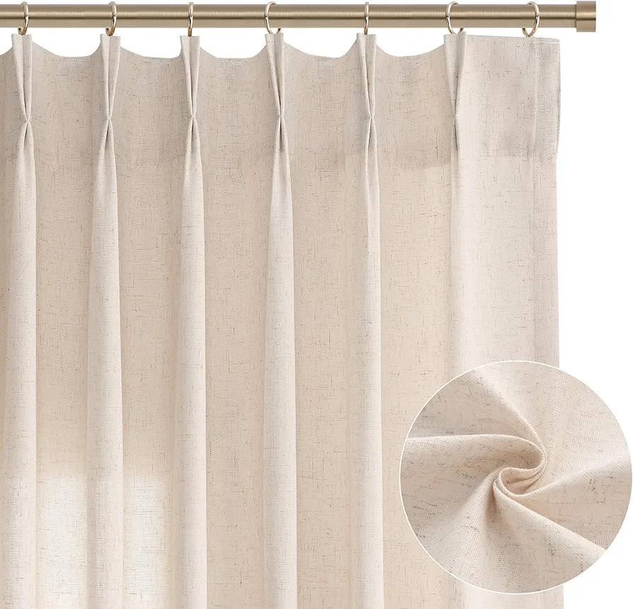 Cream Beige Pinch Pleated Linen Curtains 84 Inch Length 2 Panels for Living Room Bedroom Semi Sheer Pleat Drapes with Hooks Neutral Farmhouse Light Filtering Privacy Window Curtain 84 Inches Long