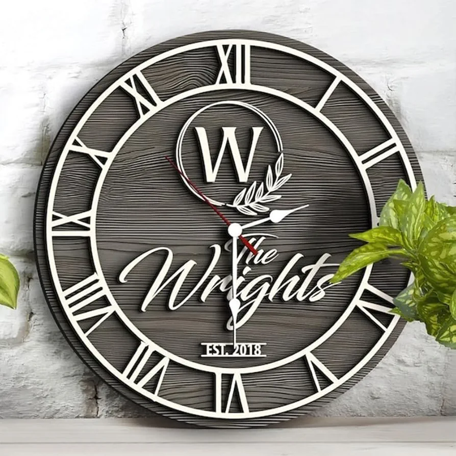 JINMA Personalized Vintage Wooden Texture Wall Clock, Custom Name Letter Round Clock, Customized Family Clock for Kitchen Living Room Bathroom Christmas Housewarming Gifts (Customized Text)