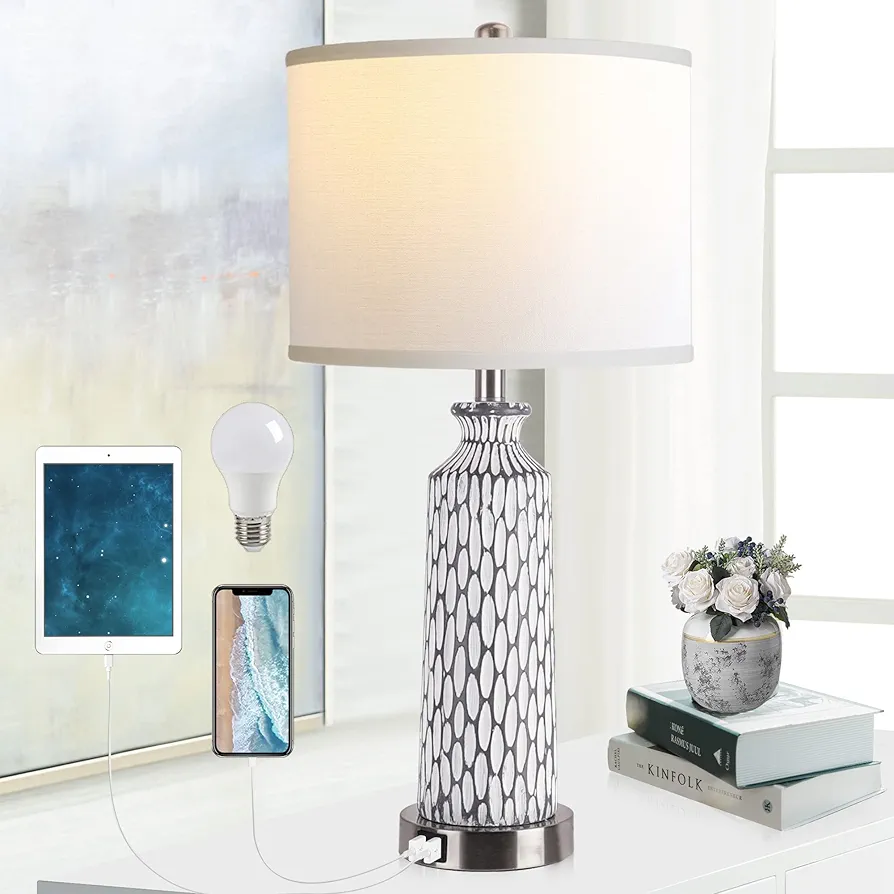 QiMH Table Lamp for Living Room with Touch Control,3-Way Dimmable Bedside Lamps for Bedroom with USB Ports, Modern Farmhouse Coastal Whitewash Gray Resin Nightstand Lamp(2700K LED Bulbs Included)