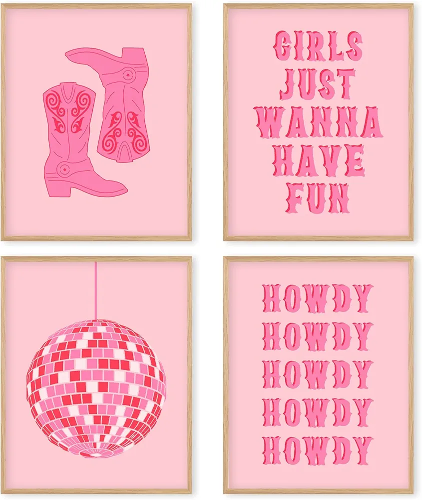 Boat Wades Pink Western Howdy Unframed Wall Art Prints,Cowgirl Preppy Posters Prints Pictures,Pink Cowgirl Wall Decor,Pink Dorm Decor,Teen Girl Room Dorm Decor,8x10 Inches Set of 4