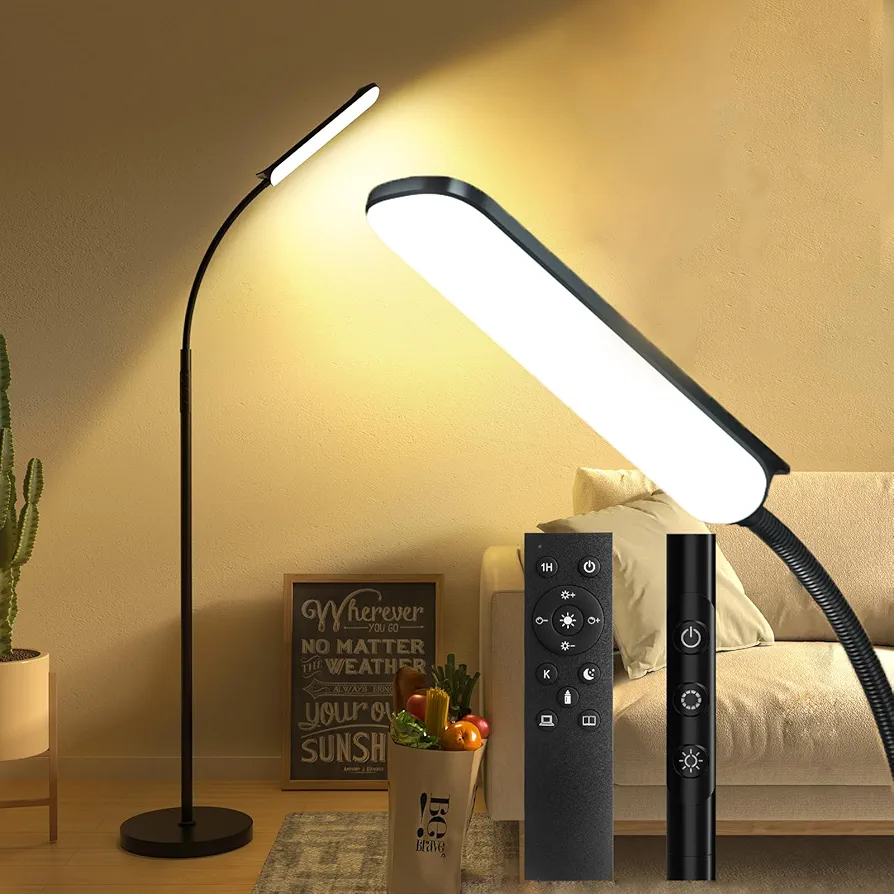 Brightown LED Floor Lamp - 18W Bright Lamp with Remote & Touch Control - 4 Color Temperatures with Memory & Timer, Adjustable Gooseneck for Reading - Ideal for Living Room, Bedroom, Office