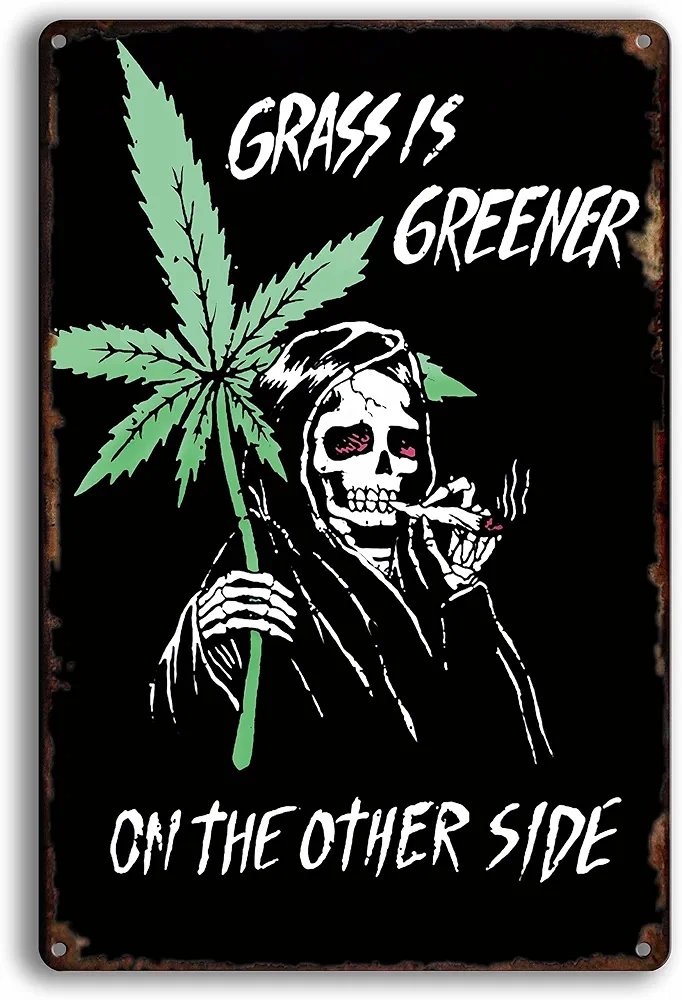 Impressed Reefer Reaper Marijuana Vintage Tin Sign - Gothic Emo 90s Retro Trippy Skeleton Grunge Weed Man Cave Hippie Stoner Accessories for Men - Funny Print College Dorm Wall Hanging Skull Decor for Teens - 420 Goth Aesthetic Signs Decoration Stuff for Girls - Cool 420 Occult Basements & Apartment Bedroom Poster