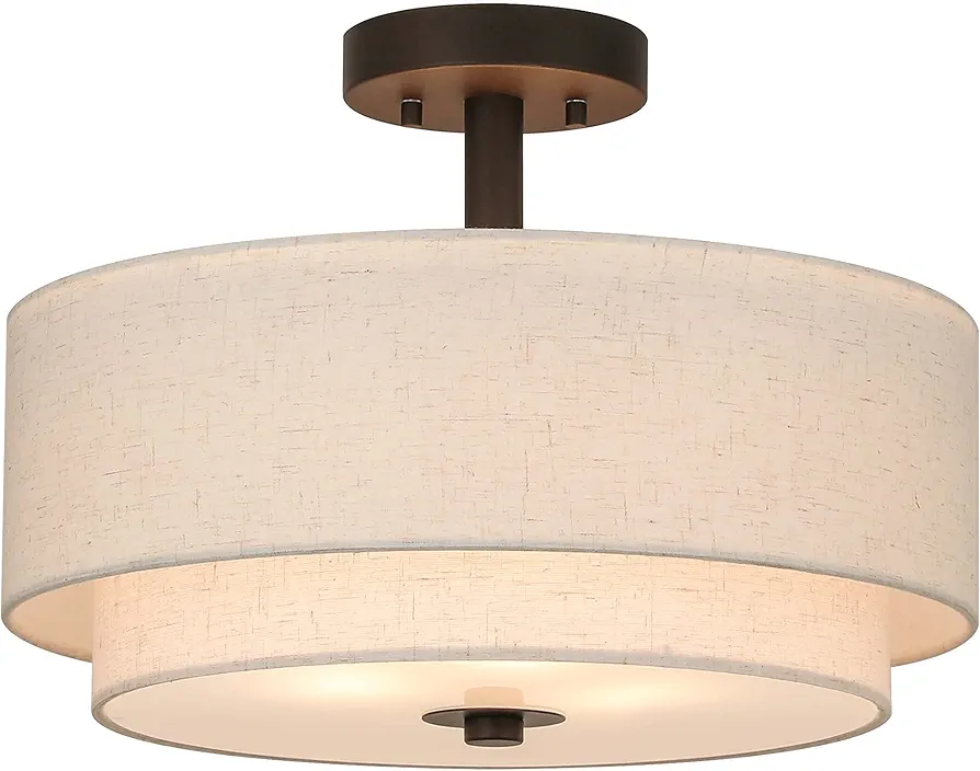 XiNBEi Lighting Drum Semi Flush Light, 3 Light Semi Flush Mount Ceiling Light Fixture with Fabric Shade Modern Close to Ceiling Light for Bedroom & Living Room Dark Bronze Finish XB-SF1289-DB