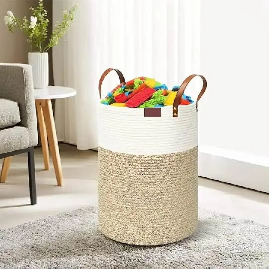 Woven Rope Laundry Basket with Leather Handles - Versatile Woven Rope Storage Basket for Blanket, Toy In Living Room, Bathroom, Bedroom - 58L White & Brown