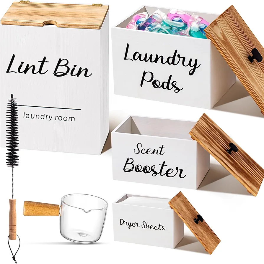 4 Pcs Laundry Room Organization and Storage, Dryer Sheet Holder Laundry Pod Holder Scent Booster Container Magnetic Lint Bin with Scoop and Brush Rustic Wood Farmhouse Laundry Room Container