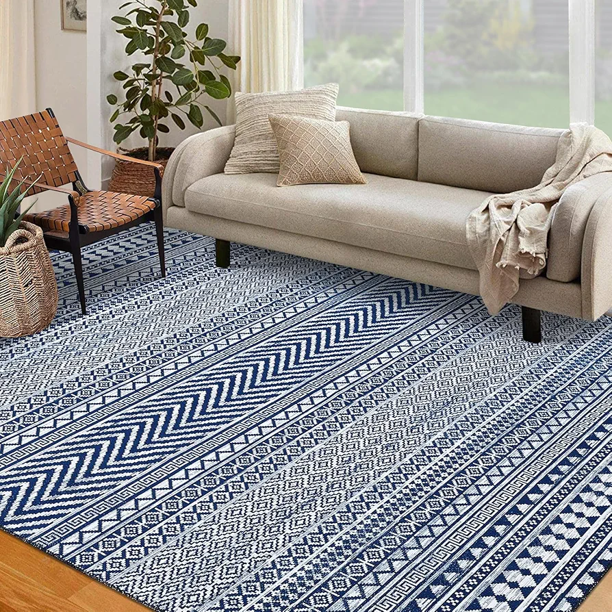 GlowSol Large Area Rug 6x9 Washable Rug Non-Slip Rug Bohemian Farmhouse Soft Geometric Area Rug Non Shedding Easy-Cleaning for Living Room Bedroom Dining Room Office, Blue 6x9