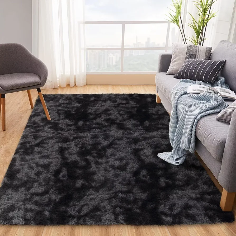 Large Shag Rug 9x12 Modern Shag Area Rug Thick Plush Black Grey Rug Ultra Soft Fluffy Rug High Pile Non-Shedding Shaggy Rug Living Room Bedroom Kid Baby Room Playroom Dorm Indoor Throw Carpet