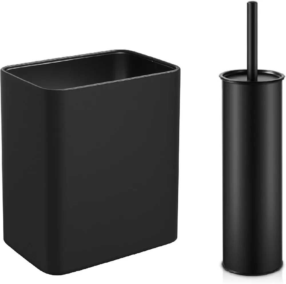 Cesun Small Bathroom Trash Can 2.1 Gallon Wastebasket, Office Metal Garbage Can, Toilet Brush and Holder Set, Black Stainless Steel Toilet Bowl Scrubber