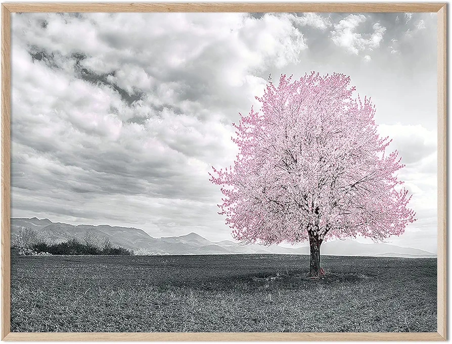 Pink Tree Wall Art Pink and Grey Wall Decor Cherry Blossom Wall Art Rustic Country Landscape Poster Pink Tree Picture Wall Decor for Women Wall Paintings Living Room Home Decor 24x16in Unframed