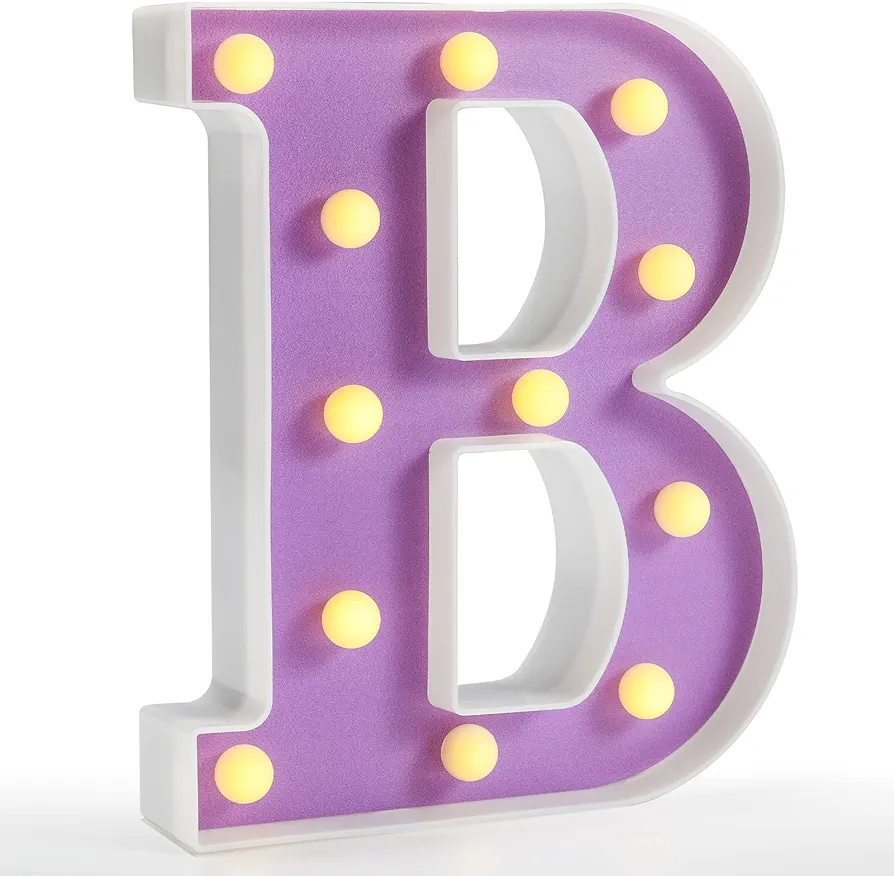 Pooqla LED Letter Lights, Purple Light Up Alphabet Sign, Colorful DIY Marquee Night Light with Warm White LED, Home Party Birthday Wedding Bar Decoration, Purple Letter B