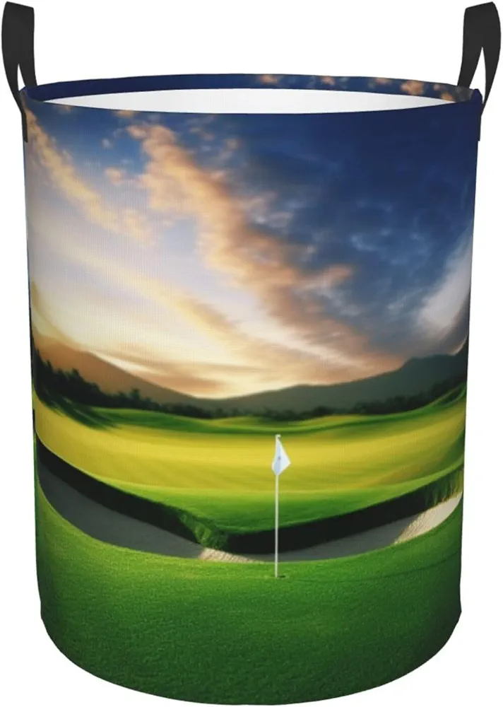 Golf Course Print Laundry Basket Circular Laundry Hamper with Handles Waterproof Circular Hamper Dirty Clothes Basket Portable Storage Bin for Home Organizer Living Room Bathroom Car Small