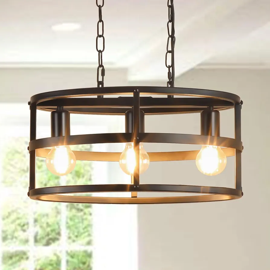 DLLT 3 Light Black Metal Industrial Chandelier, Kitchen Island Cage Lighting Fixtures, Farmhouse Ceiling Hanging Oval Pendant Light for Dining Room over Table, Living Room, E26 Bulbs NOT Included