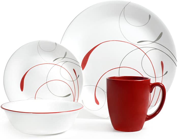 Corelle "Splendor Chip and Break Resistant Dinner Set, Glass, Red/Grey, Set of 16