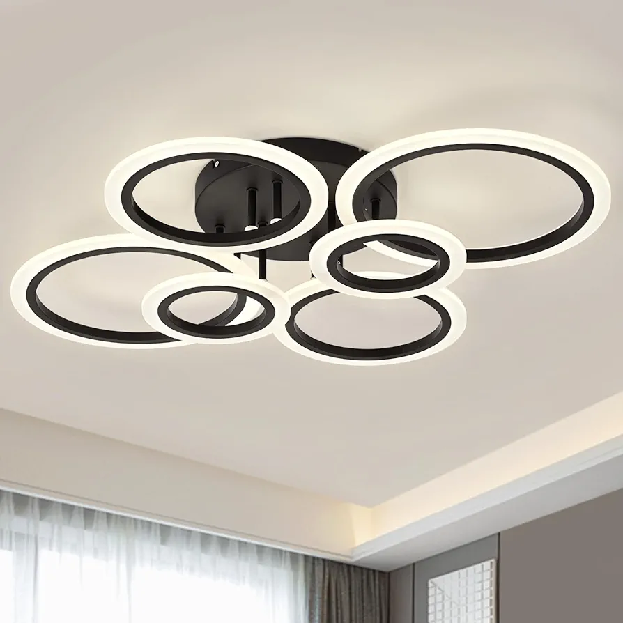 Modern LED Ceiling Light, Black 6 Rings Flush Mount Ceiling Light, 4000K Lighting Fixture Ceiling Lamp for Kitchen, Bedroom, Living Room, Laundry Room