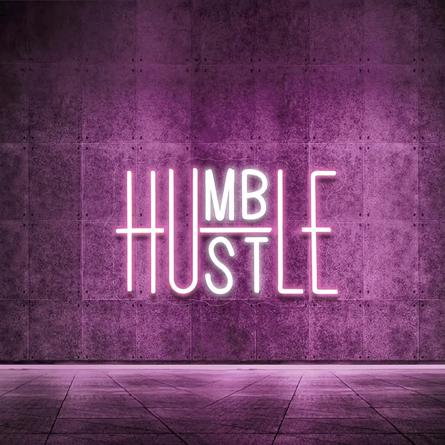 Hustle LED Neon Sign for Wall Decor, Humble LED Neon Lights Party Decorations, USB Powered Switch Adjustable Brightness LED Neon Lights, for Office Room, Gym Room, Man Cave Decor