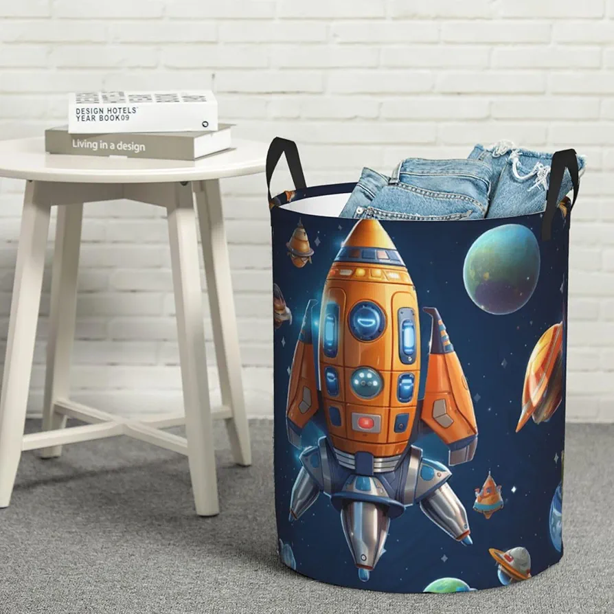 Laundry Basket Waterproof Laundry Hamper With Handles Dirty Clothes Organizer Cartoon Spaceship Rocket Print Protable Foldable Storage Bin Bag For Living Room Bedroom Playroom, Small, Black