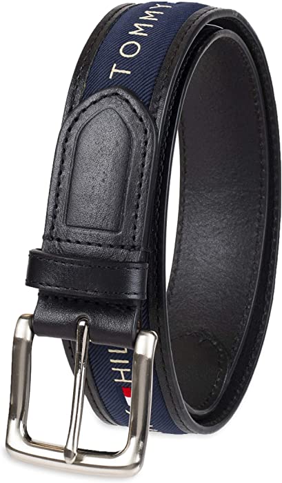 Tommy Hilfiger Men's Ribbon Inlay Fabric Belt with Single Prong Buckle