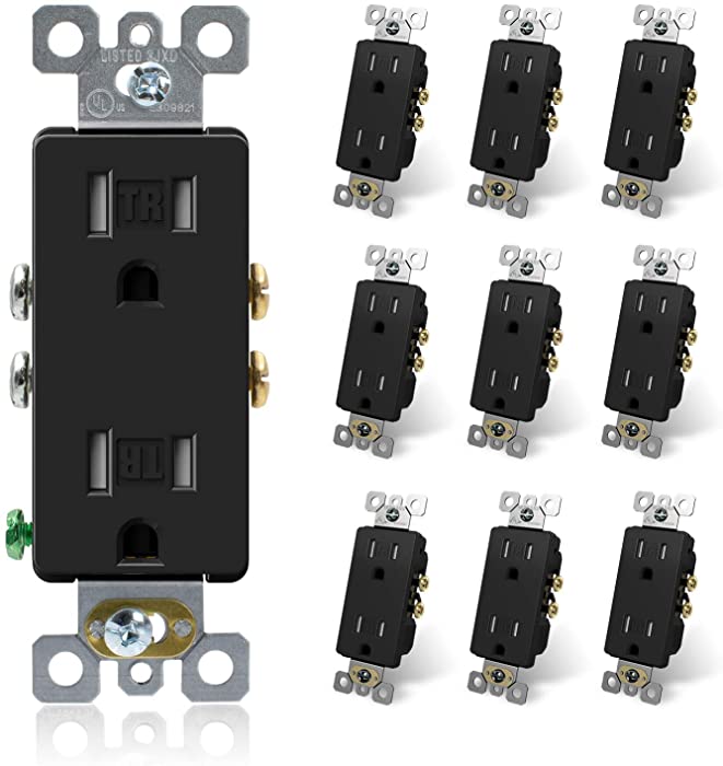 ELEGRP Black Outlet Decora Outlet Tamper Resistant Outlet 15 Amp Outlet Electrical Outlets, Duplex Receptacle, Self-grounding Wall Outlet, 125V,2 Pole 3 Wire, 5-15R, UL Listed, 10 Pack