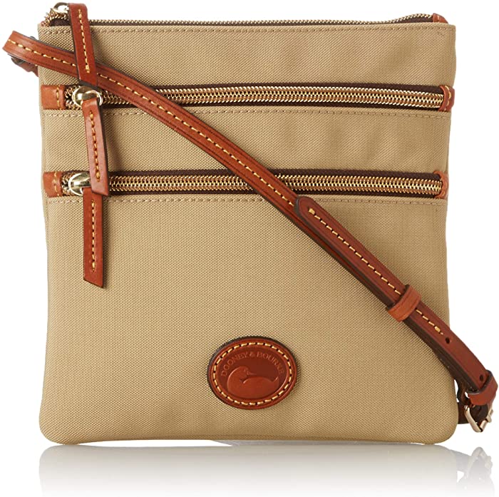 Dooney & Bourke Nylon North/South Triple Zip, Khaki W/Tan Trim